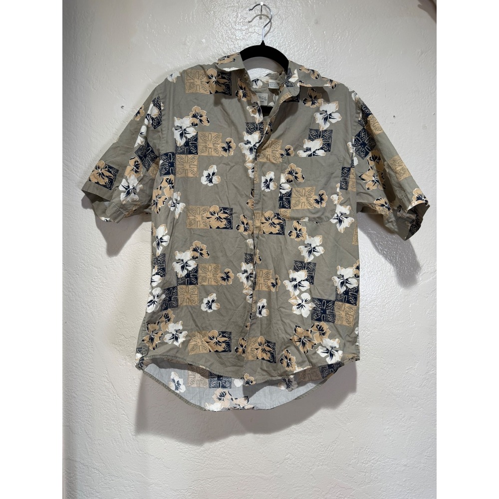 Crossings Mens Medium Cotton Hibiscus Floral Block Print‎ Short Sleeve Shirt